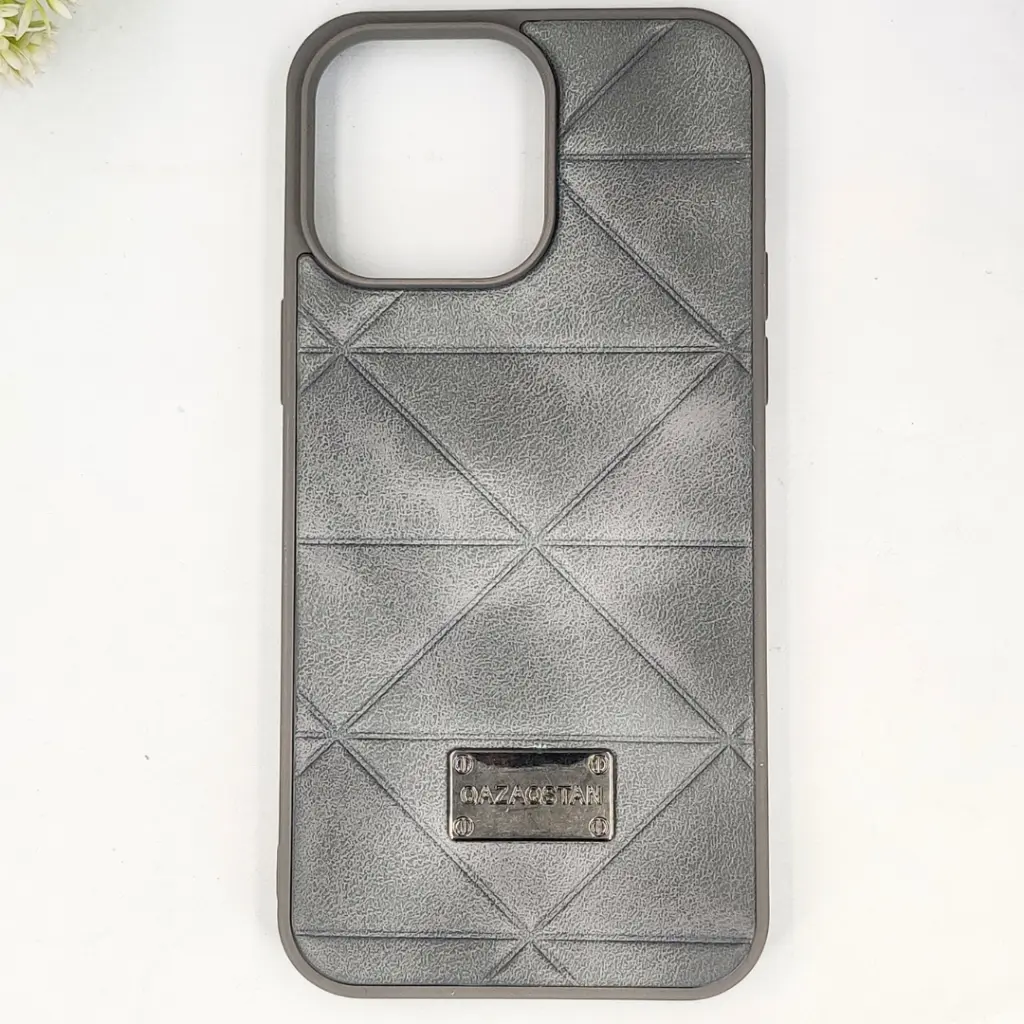 iPhone 14 Pro Max QAZAQSTAN 3D Lining Pattern Premium Leather Back Case (Gray)