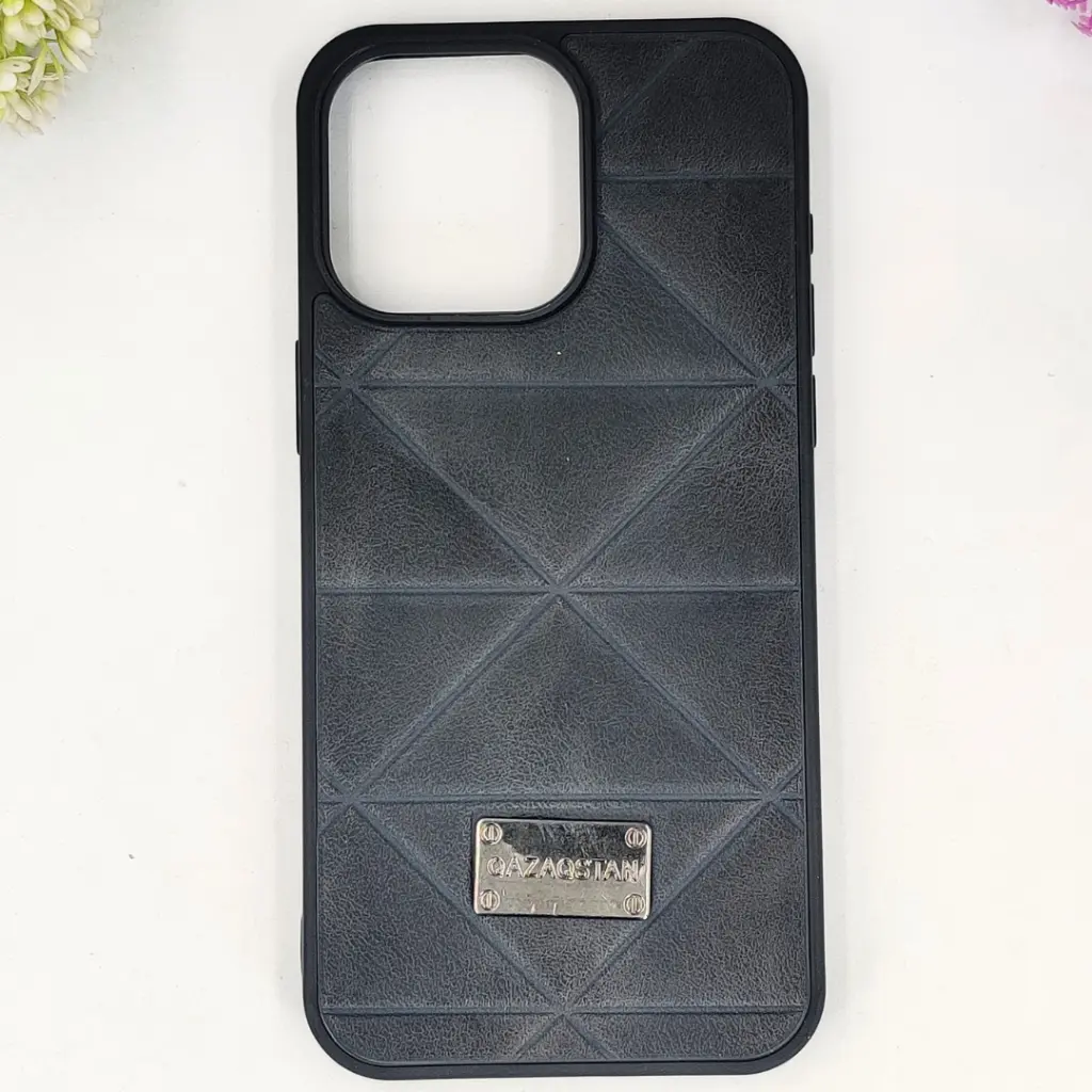 iPhone 15 Pro Max QAZAQSTAN 3D Lining Pattern Premium Leather Back Case (Black)