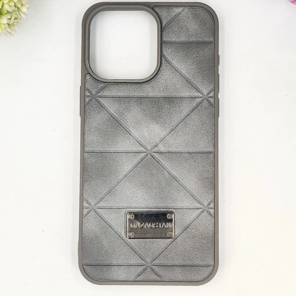 iPhone 15 Pro Max QAZAQSTAN 3D Lining Pattern Premium Leather Back Case (Gray)