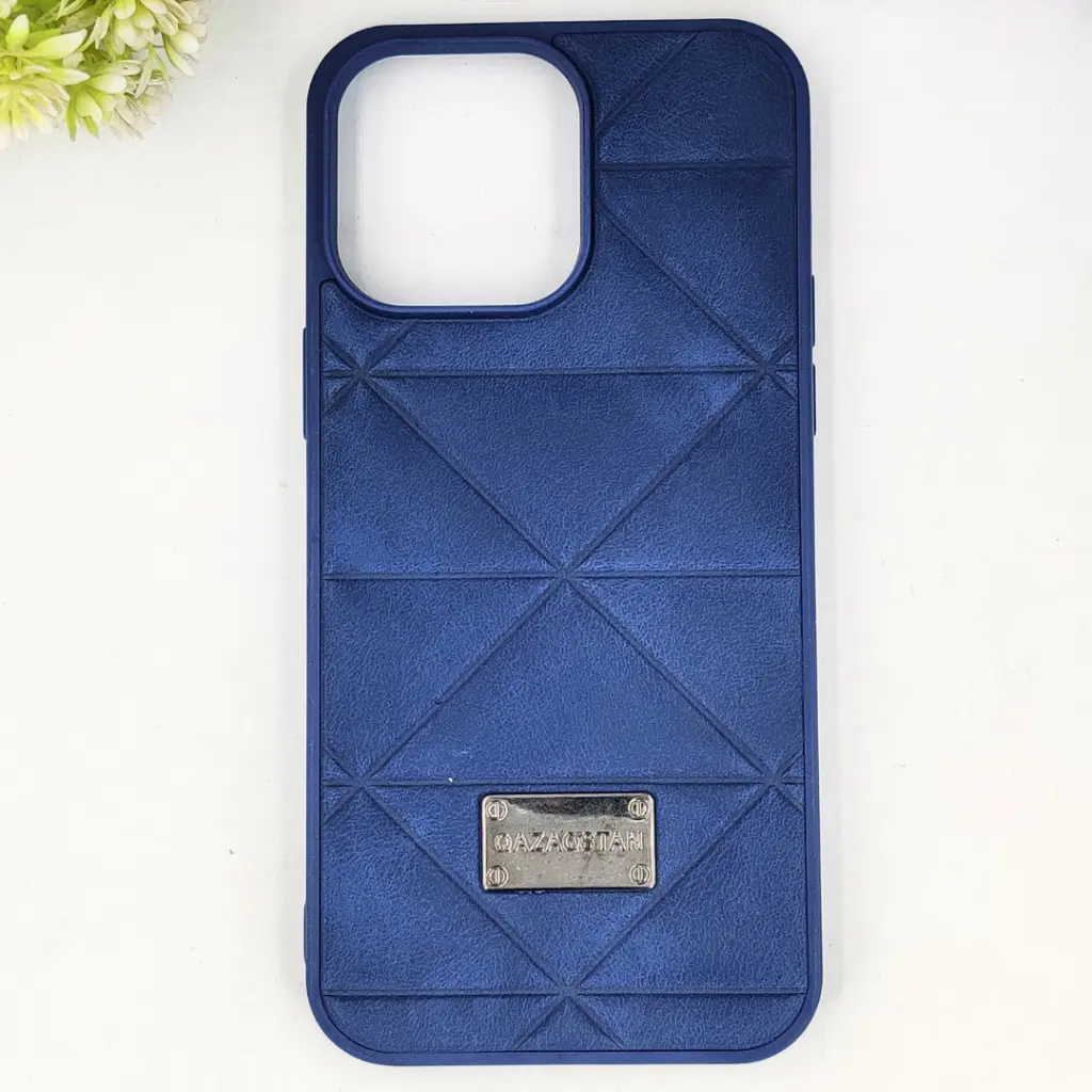 iPhone 15 Pro Max QAZAQSTAN 3D Lining Pattern Premium Leather Back Case (Navy Blue)