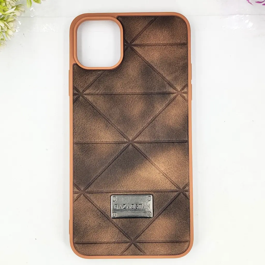 iPhone 11 Pro Max QAZAQSTAN 3D Lining Pattern Premium Leather Back Case (Brown)
