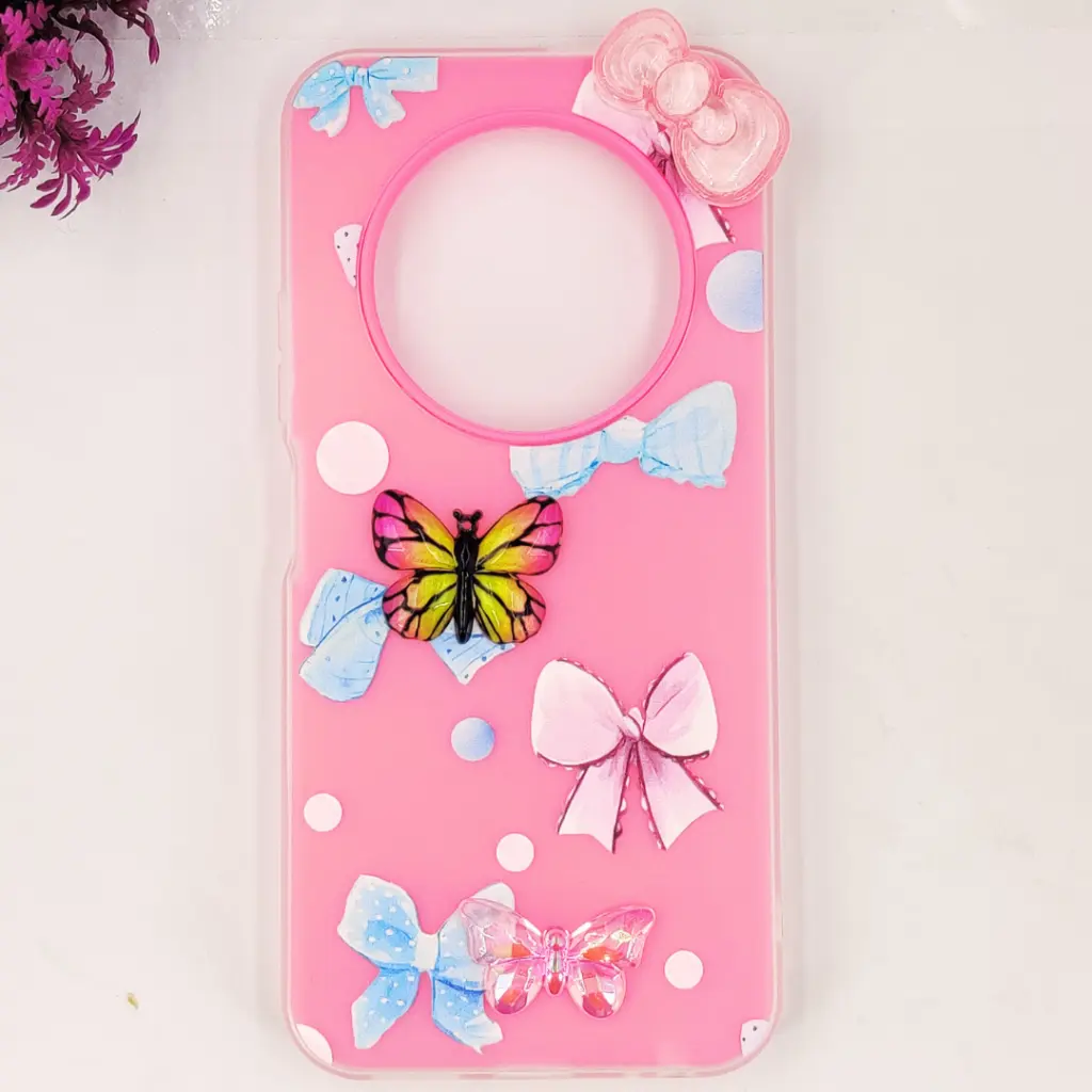 Oppo Reno 12F Soft Silicone Fancy Flowers And Butterfly design Mobile Back Case (Pink)