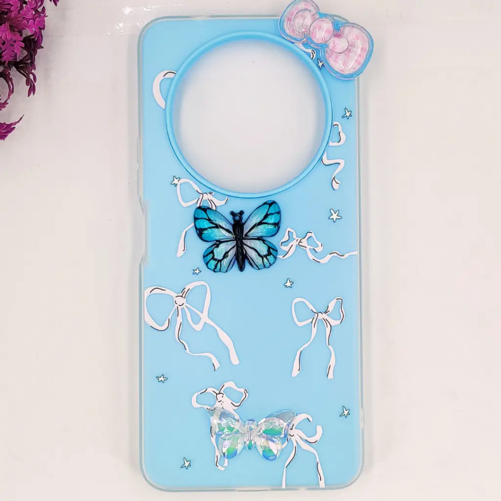 Oppo Reno 12F Soft Silicone Fancy Flowers And Butterfly design Mobile Back Case (Sky-Blue)
