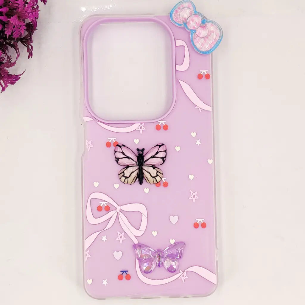 Infinix HOT 40|40 Pro|Spark 20 Pro Soft Silicone Fancy Flowers And Butterfly design Mobile Back Case (Light Purple) 