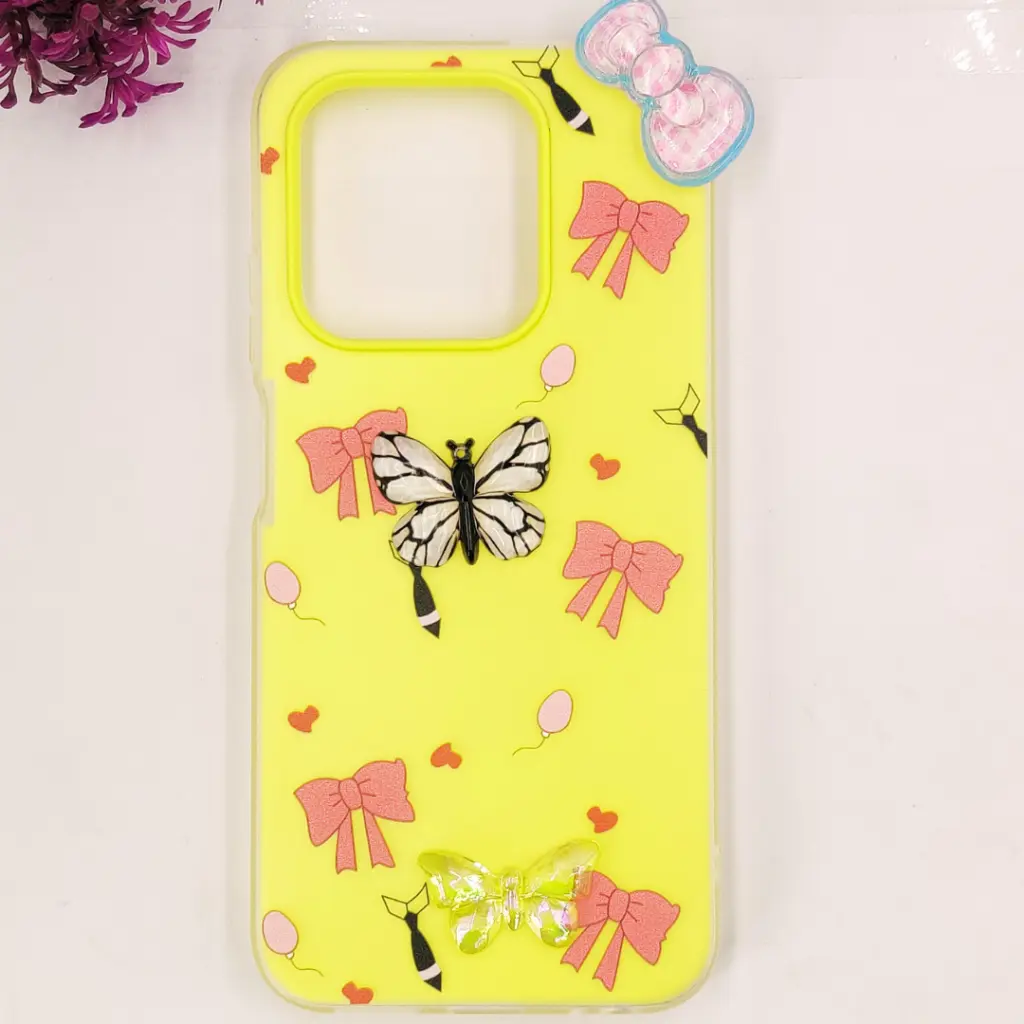 Infinix Hot 50i|Smart 9|Smart 9 4G Soft Silicone Fancy Flowers And Butterfly design Mobile Back Case (Yellow)