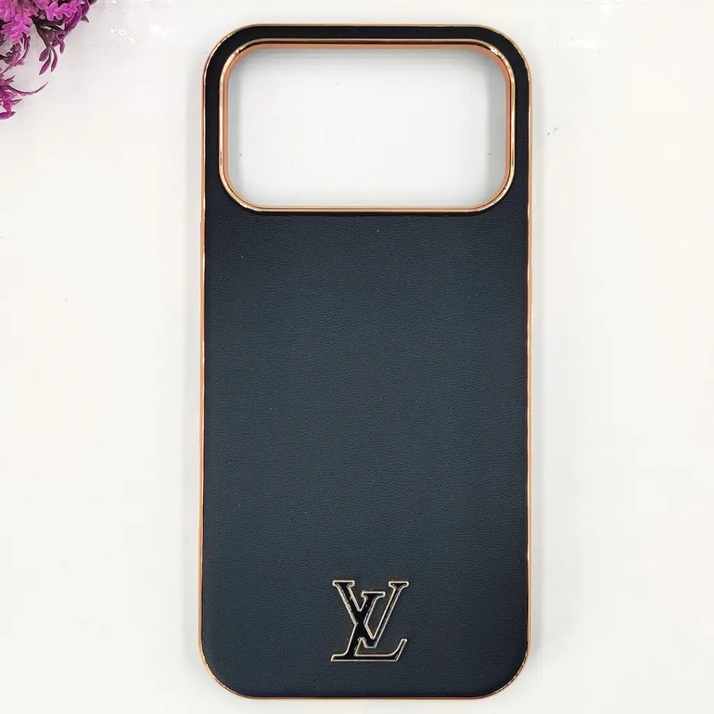 iPhone 17 Pro Max Light Sand 3D Creative Louis Vuitton Logo With Chrome Finishing Back Case (Black)