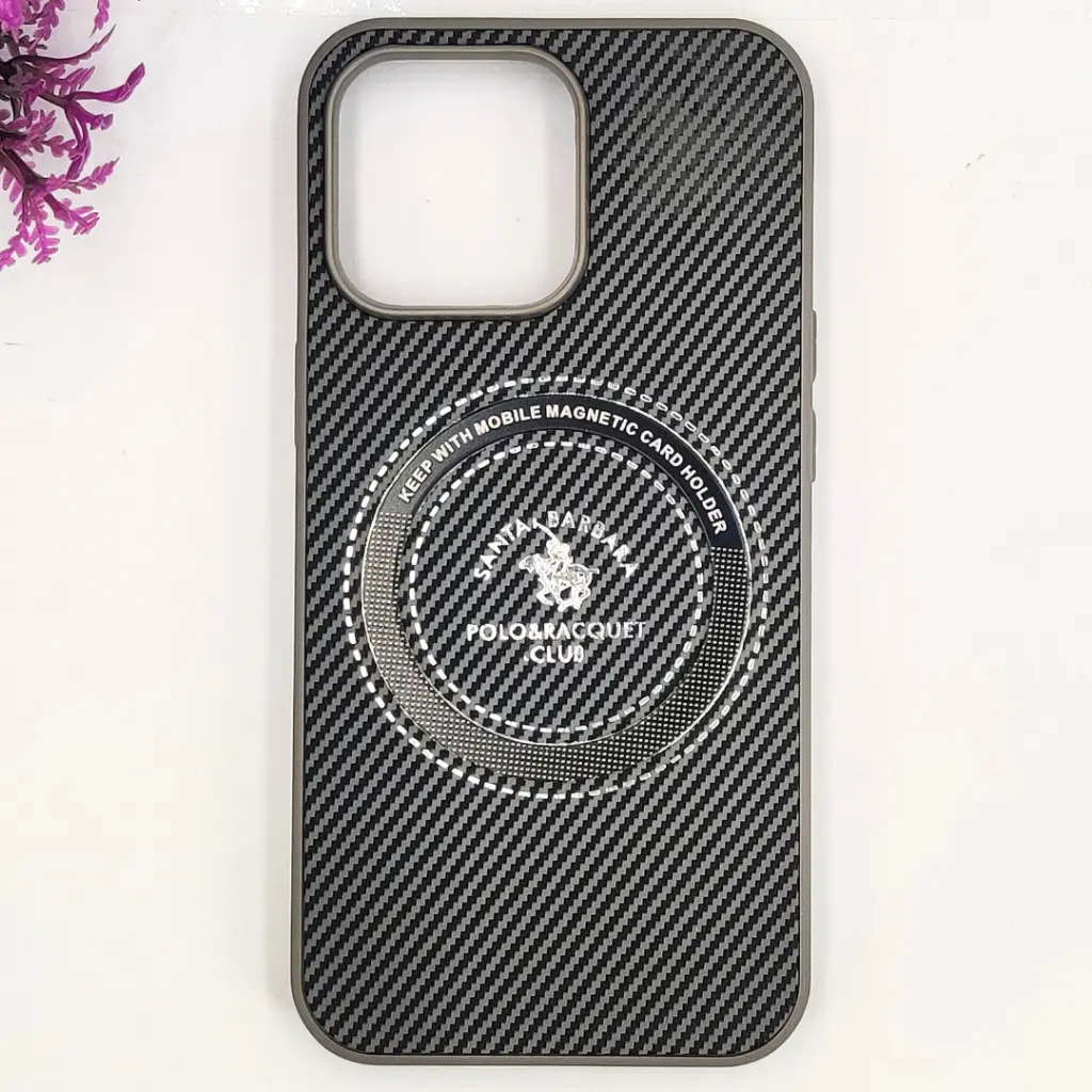 iPhone 15 Pro 3D Polo Leather Carbon Fiber Texture With Magsafe Wireless Charging Compatible Back Case (Gray)