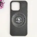 iPhone 15 Pro 3D Polo Leather Carbon Fiber Texture With Magsafe Wireless Charging Compatible Back Case (Gray)