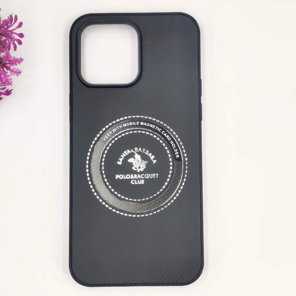 iPhone 14 Pro Max 3D Polo Leather Carbon Fiber Texture With Magsafe Wireless Charging Compatible Back Case (Black)