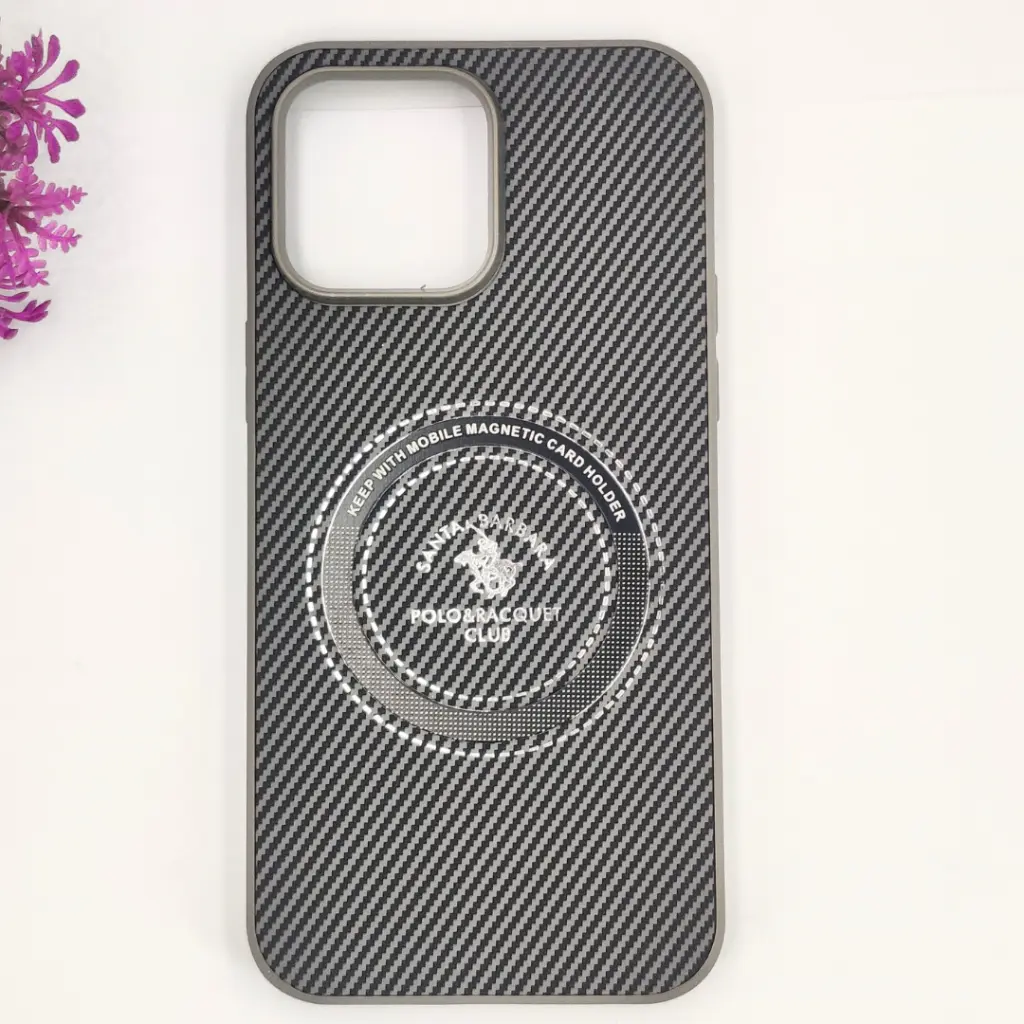 [PO4BIP14PMAX-19-9] iPhone 14 Pro Max 3D Polo Leather Carbon Fiber Texture With Magsafe Wireless Charging Compatible Back Case (Gray)