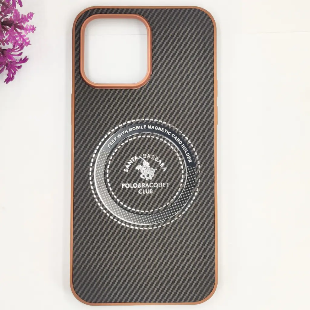 iPhone 14 Pro Max 3D Polo Leather Carbon Fiber Texture With Magsafe Wireless Charging Compatible Back Case (Brown)