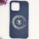 iPhone 14 Pro Max 3D Polo Leather Carbon Fiber Texture With Magsafe Wireless Charging Compatible Back Case (Navy Blue)