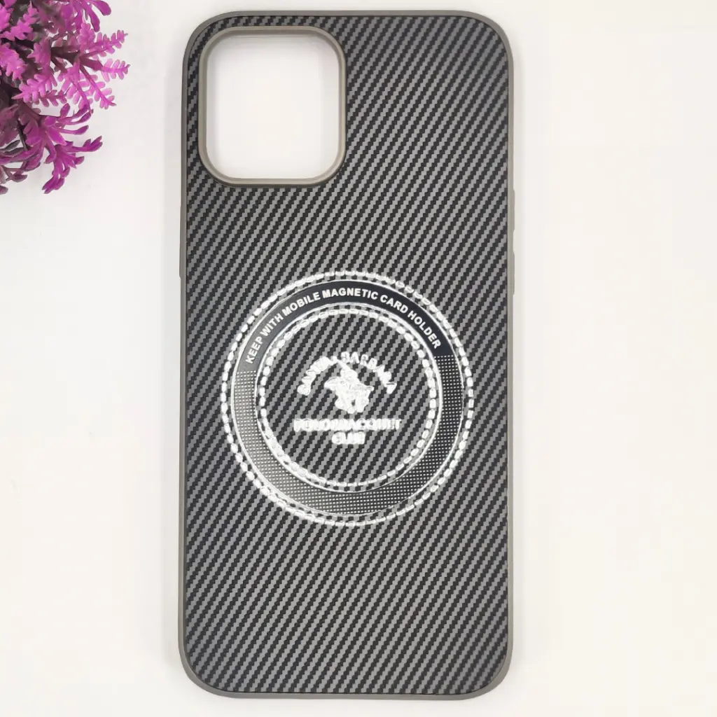 iPhone 12 Pro Max 3D Polo Leather Carbon Fiber Texture With Magsafe Wireless Charging Compatible Back Case (Gray)