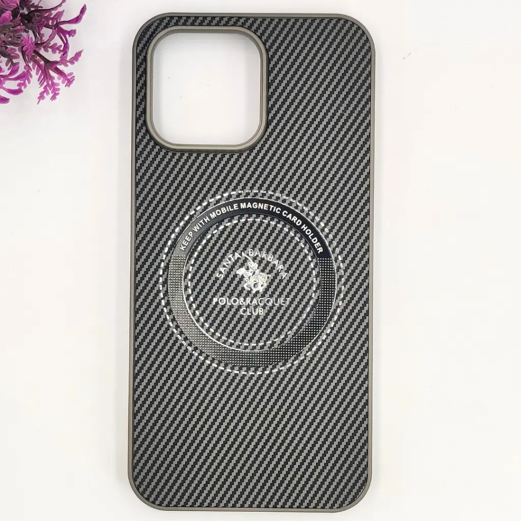 [PO4BIP13PR-19-9] iPhone 13 Pro 3D Polo Leather Carbon Fiber Texture With Magsafe Wireless Charging Compatible Back Case (Gray)