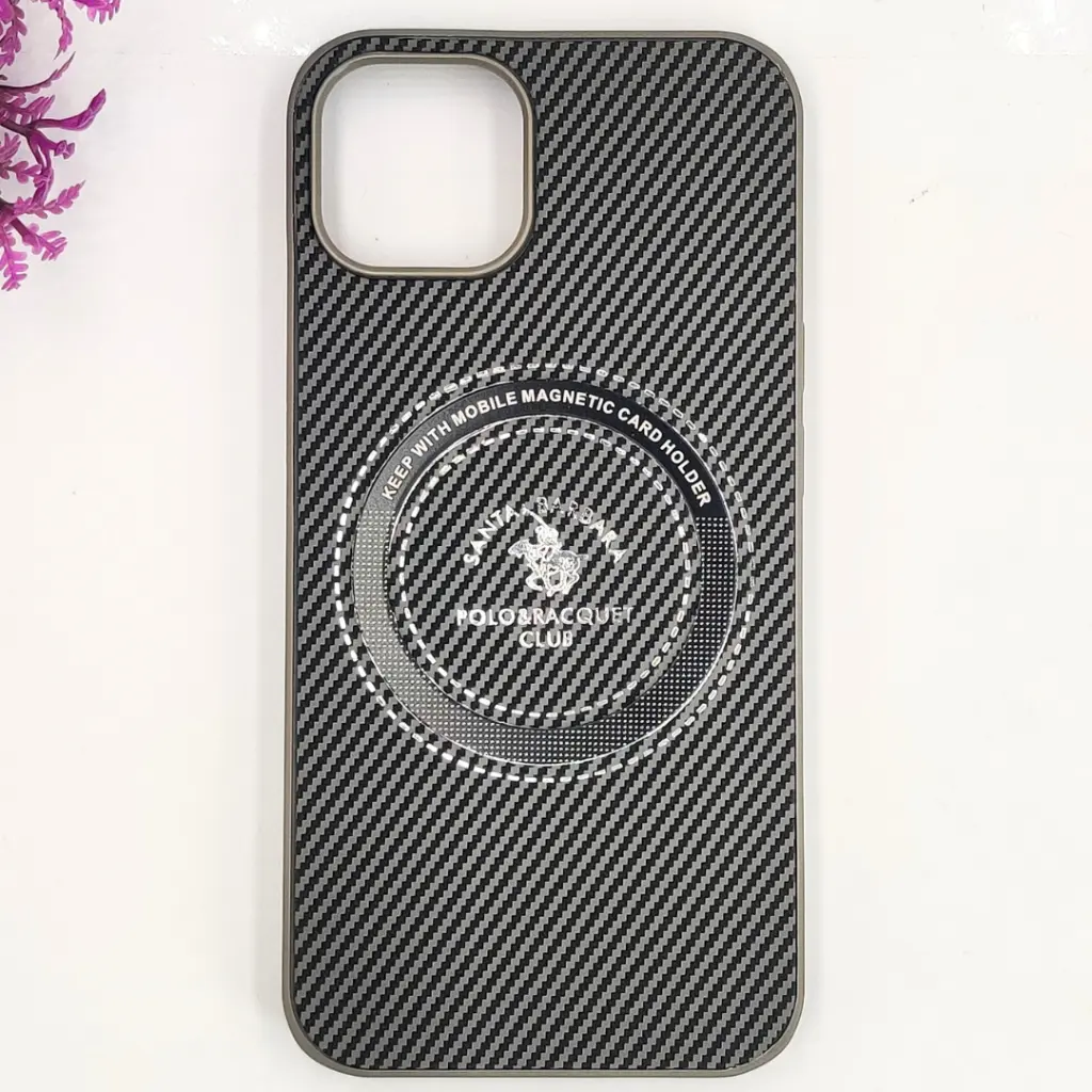 iPhone 13|iPhone 14 3D Polo Leather Carbon Fiber Texture With Magsafe Wireless Charging Compatible Back Case (Gray)