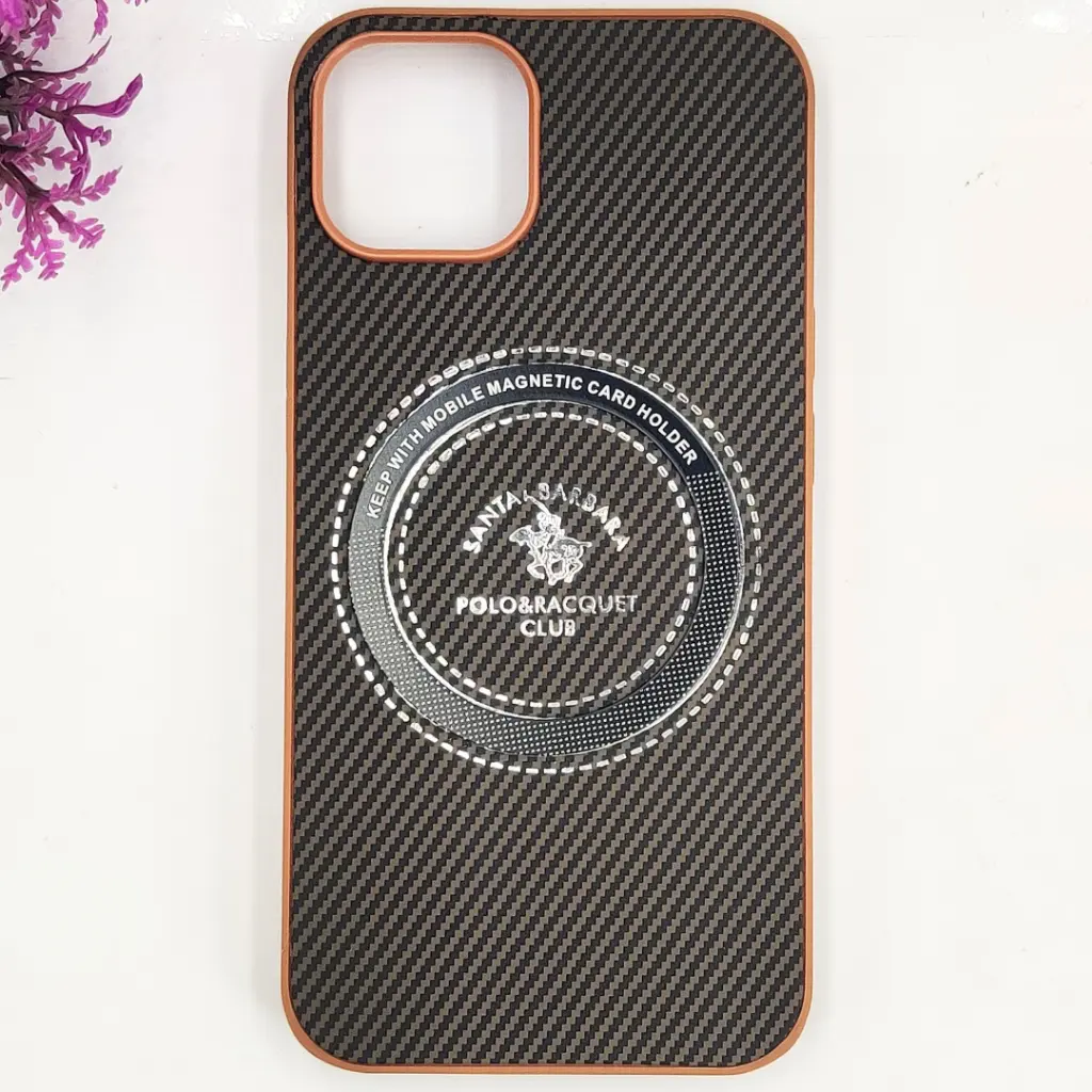 iPhone 13|iPhone 14 3D Polo Leather Carbon Fiber Texture With Magsafe Wireless Charging Compatible Back Case (Brown)