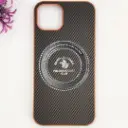 iPhone 13|iPhone 14 3D Polo Leather Carbon Fiber Texture With Magsafe Wireless Charging Compatible Back Case (Brown)