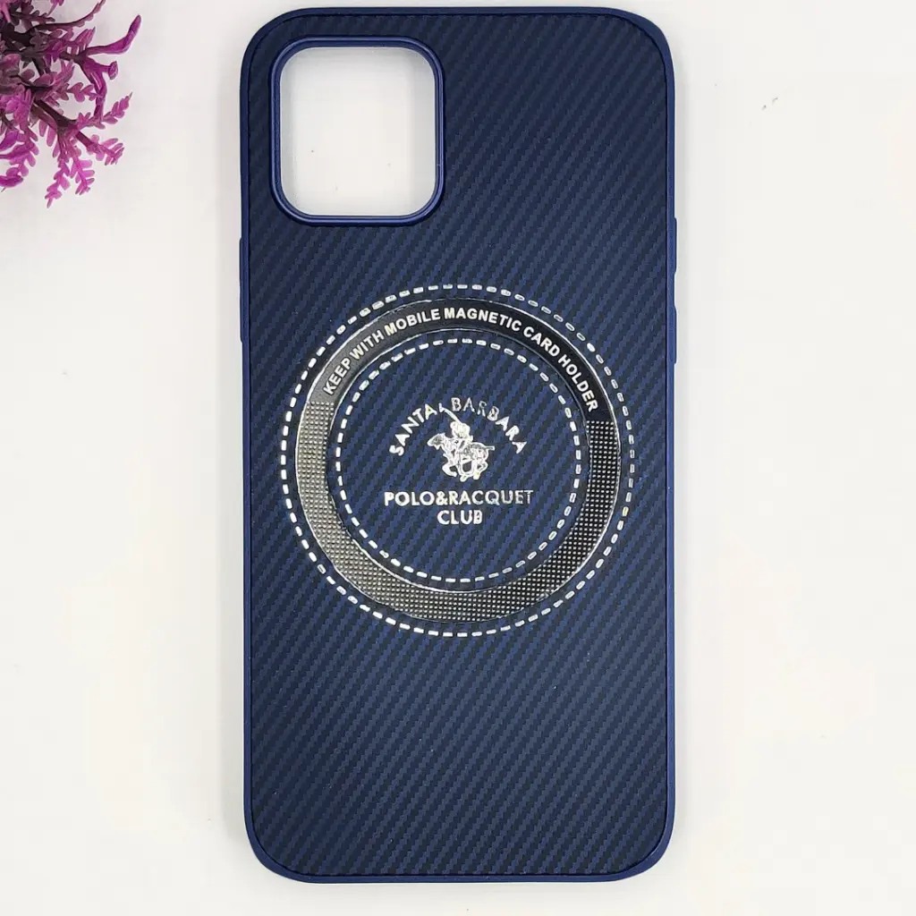 iPhone 12|iPhone 12 Pro 3D Polo Leather Carbon Fiber Texture With Magsafe Wireless Charging Compatible Back Case (Navy Blue)