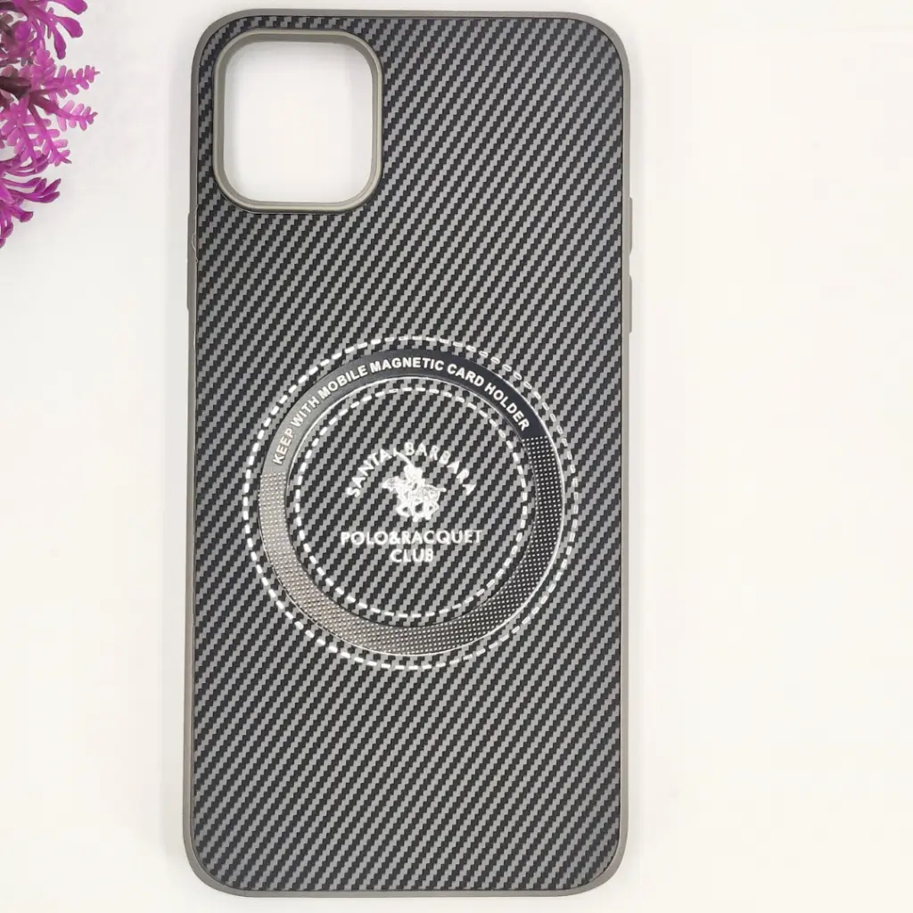 iPhone 11 Pro Max 3D Polo Leather Carbon Fiber Texture With Magsafe Wireless Charging Compatible Back Case (Gray)
