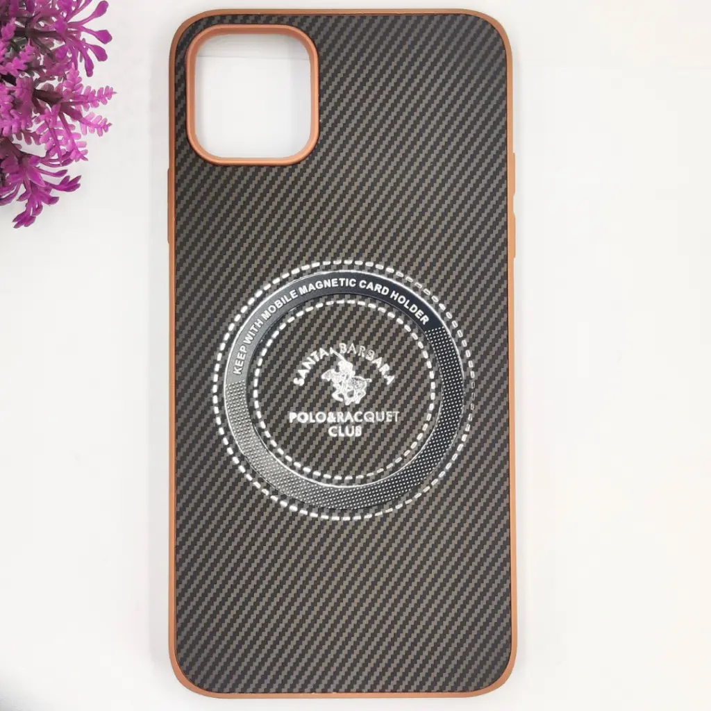 iPhone 11 Pro Max 3D Polo Leather Carbon Fiber Texture With Magsafe Wireless Charging Compatible Back Case (Brown)