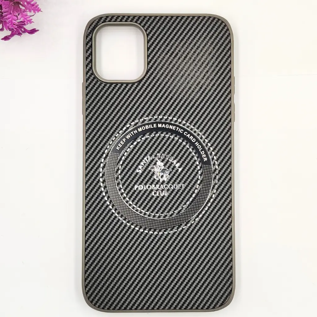 iPhone 11 3D Polo Leather Carbon Fiber Texture With Magsafe Wireless Charging Compatible Back Case (Gray)