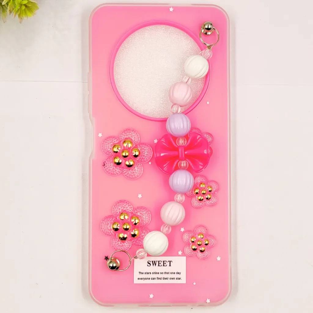 [PO34BTSPRK30-2-10] Tecno Spark 30 4G Fancy Ladies Soft Silicone Decorative Stones & Fancy Chain Mobile Back Case (Pink)
