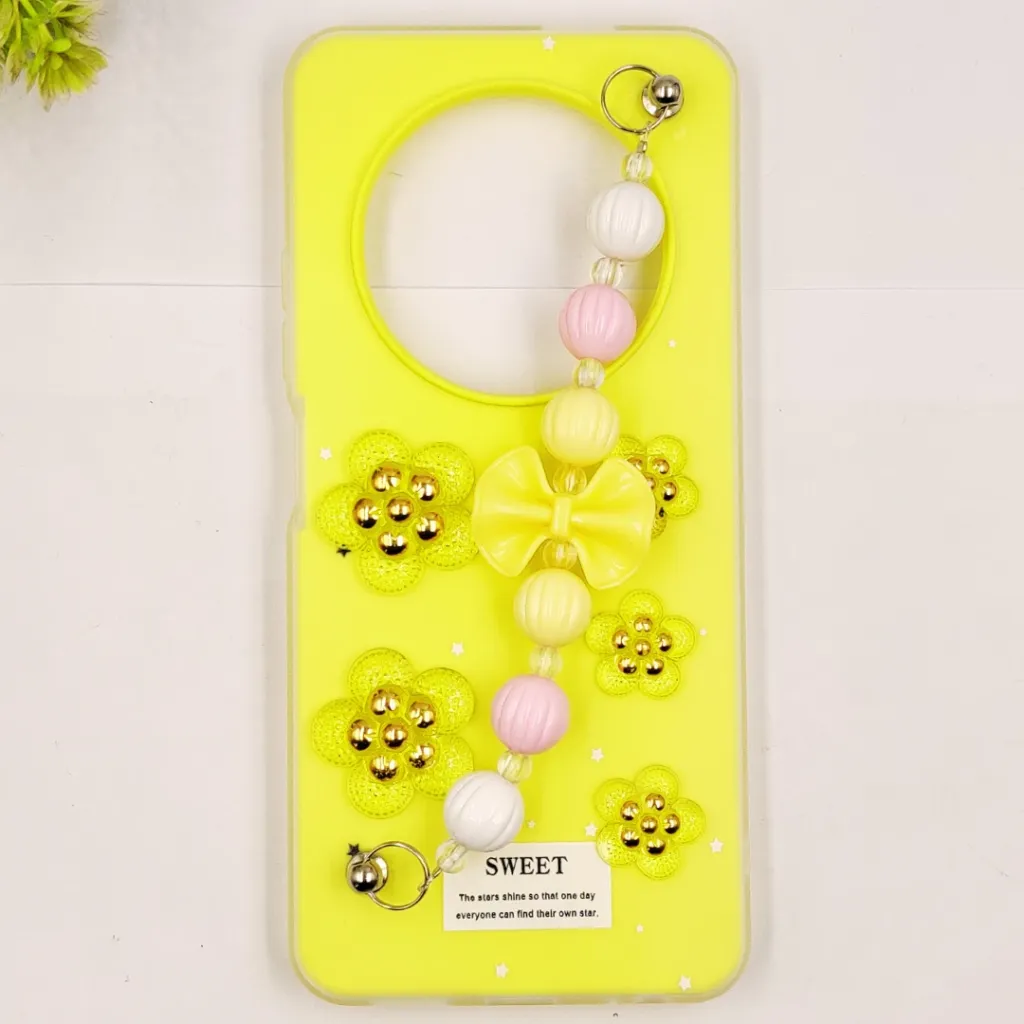 Tecno Spark 30 4G Fancy Ladies Soft Silicone Decorative Stones & Fancy Chain Mobile Back Case (Yellow)