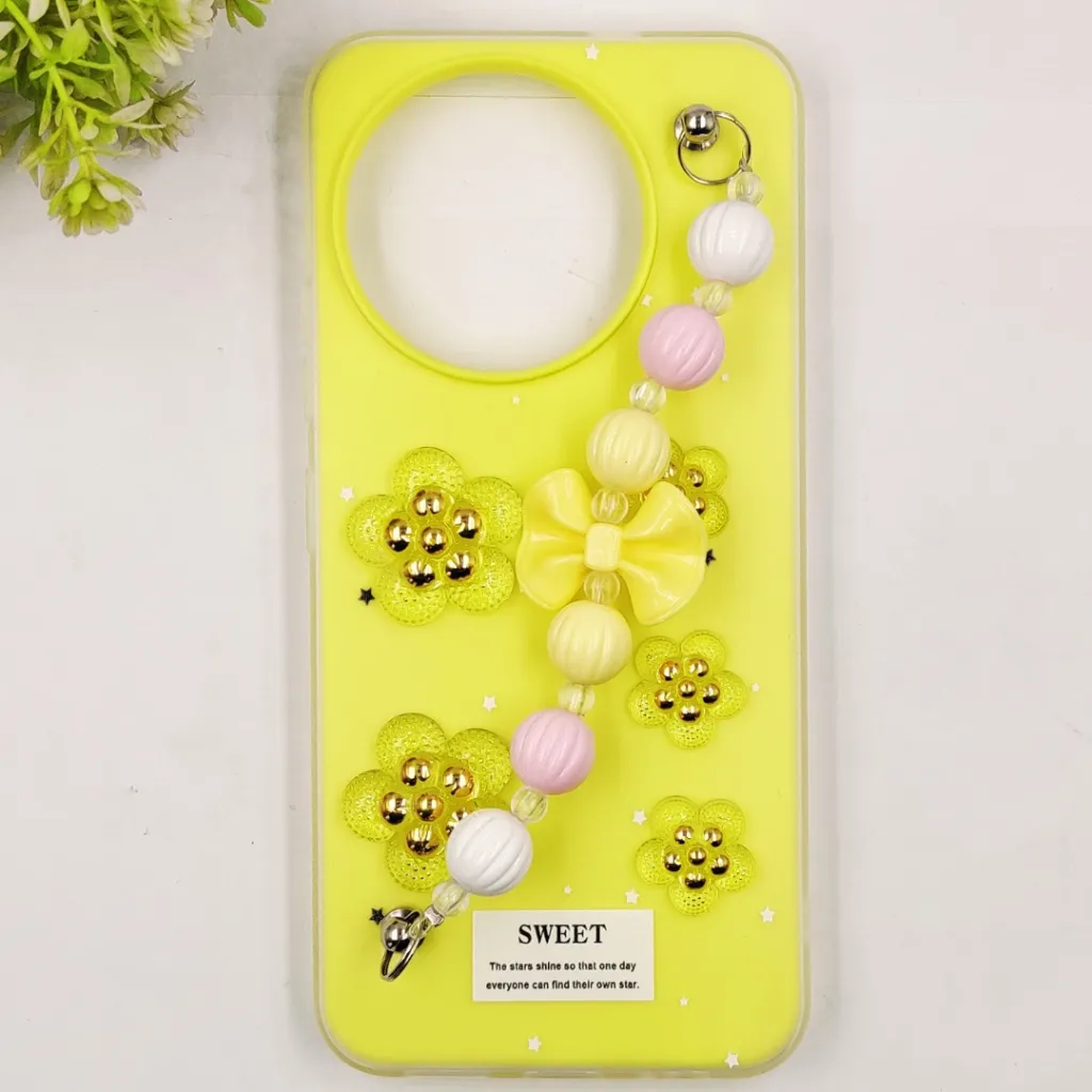 Tecno Spark 30 Pro 4G Fancy Ladies Soft Silicone Decorative Stones & Fancy Chain Mobile Back Case (Yellow)