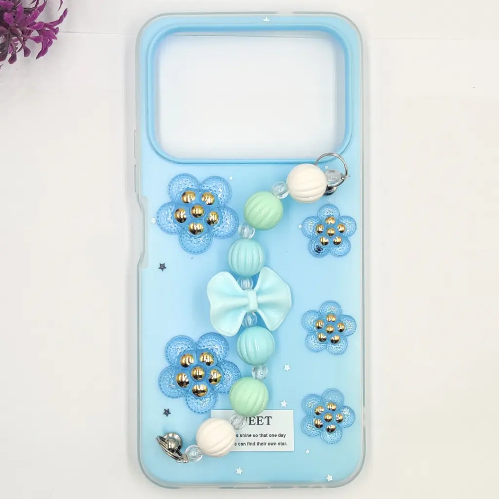 [PO34BTSPRK40-2-16] Tecno Spark 40 4G Fancy Ladies Soft Silicone Decorative Stones & Fancy Chain Mobile Back Case (Sky Blue)
