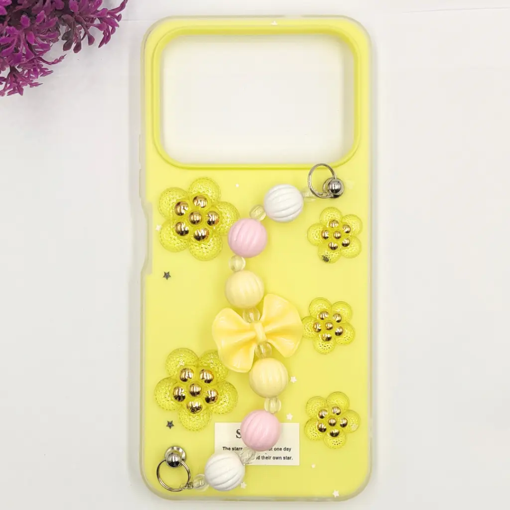 [PO34BTSPRK40-2-6] Tecno Spark 40 4G Fancy Ladies Soft Silicone Decorative Stones & Fancy Chain Mobile Back Case (Yellow)
