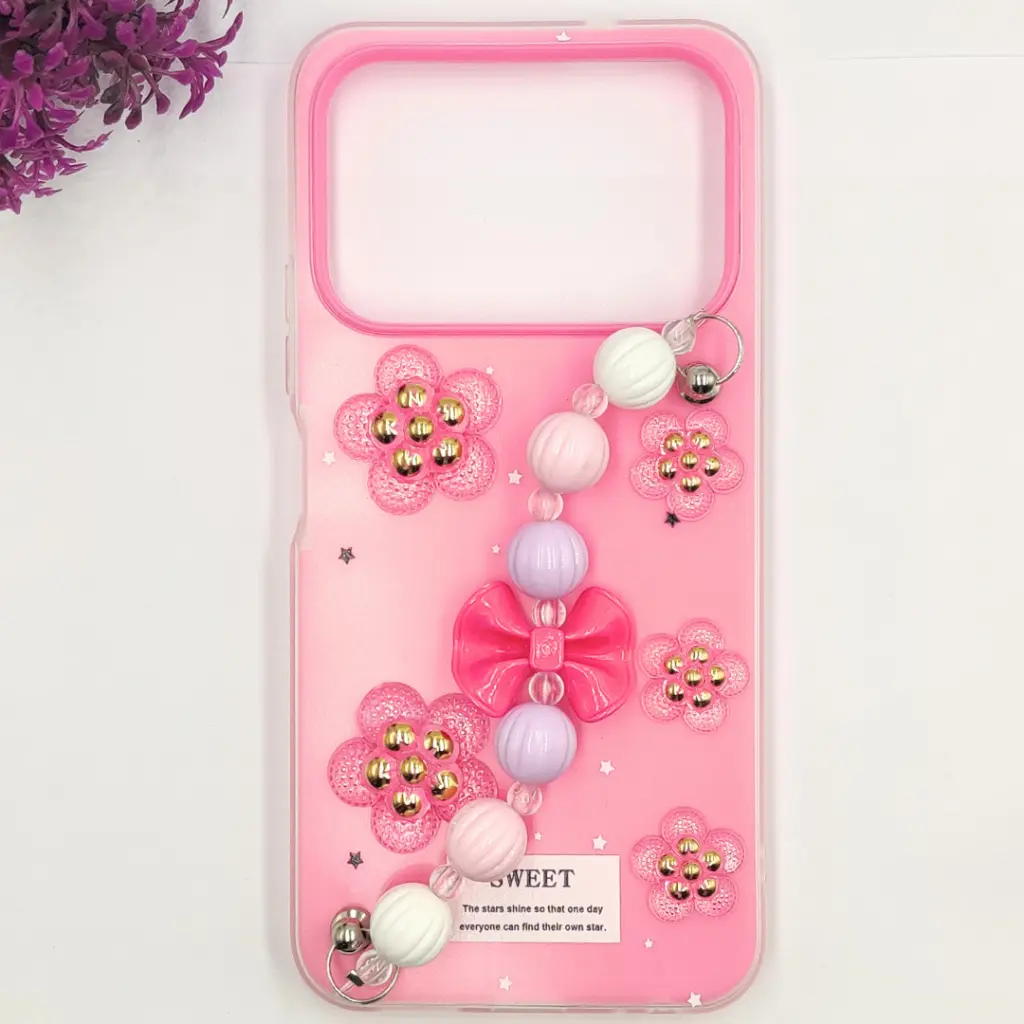 [PO34BTSPRK40-2-10] Tecno Spark 40 4G Fancy Ladies Soft Silicone Decorative Stones & Fancy Chain Mobile Back Case (Pink)