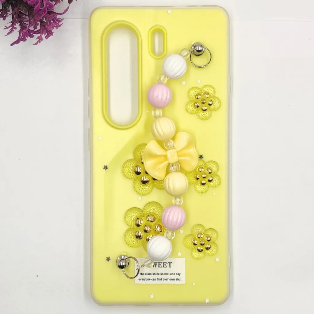 Tecno Camon 40 Pro 4G Fancy Ladies Soft Silicone Decorative Stones & Fancy Chain Mobile Back Case (Yellow)