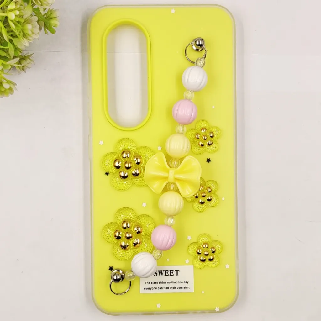 iTel S25 4G Fancy Ladies Soft Silicone Decorative Stones & Fancy Chain Mobile Back Case (Yellow)