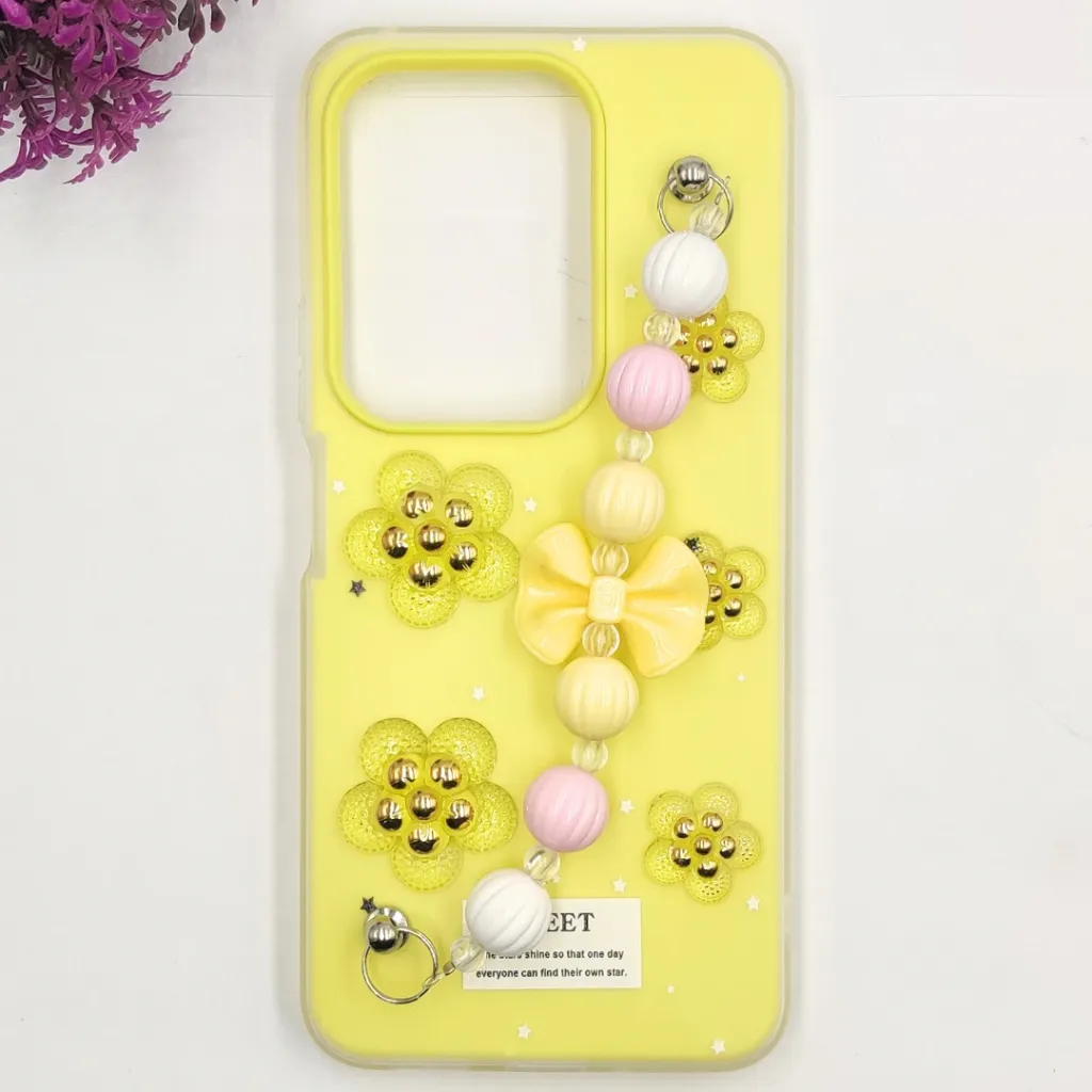 [PO34BVIY29-2-6] Vivo Y29 4G|T4X 5G Fancy Ladies Soft Silicone Decorative Stones & Fancy Chain Mobile Back Case (Yellow)