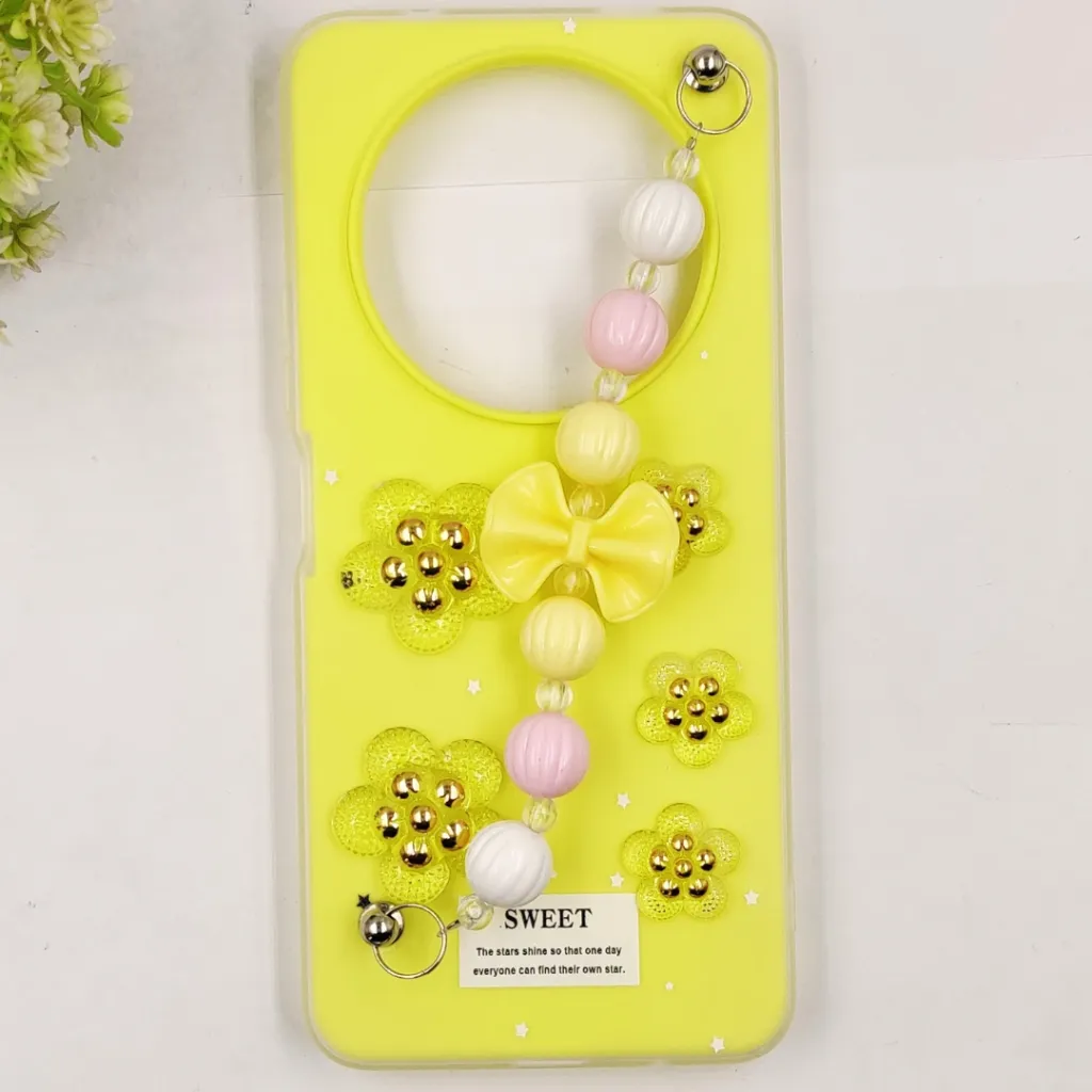 [PO34BMIA3-2-6] Xaiomi Redmi A3|A3X Fancy Ladies Soft Silicone Decorative Stones & Fancy Chain Mobile Back Case (Yellow)