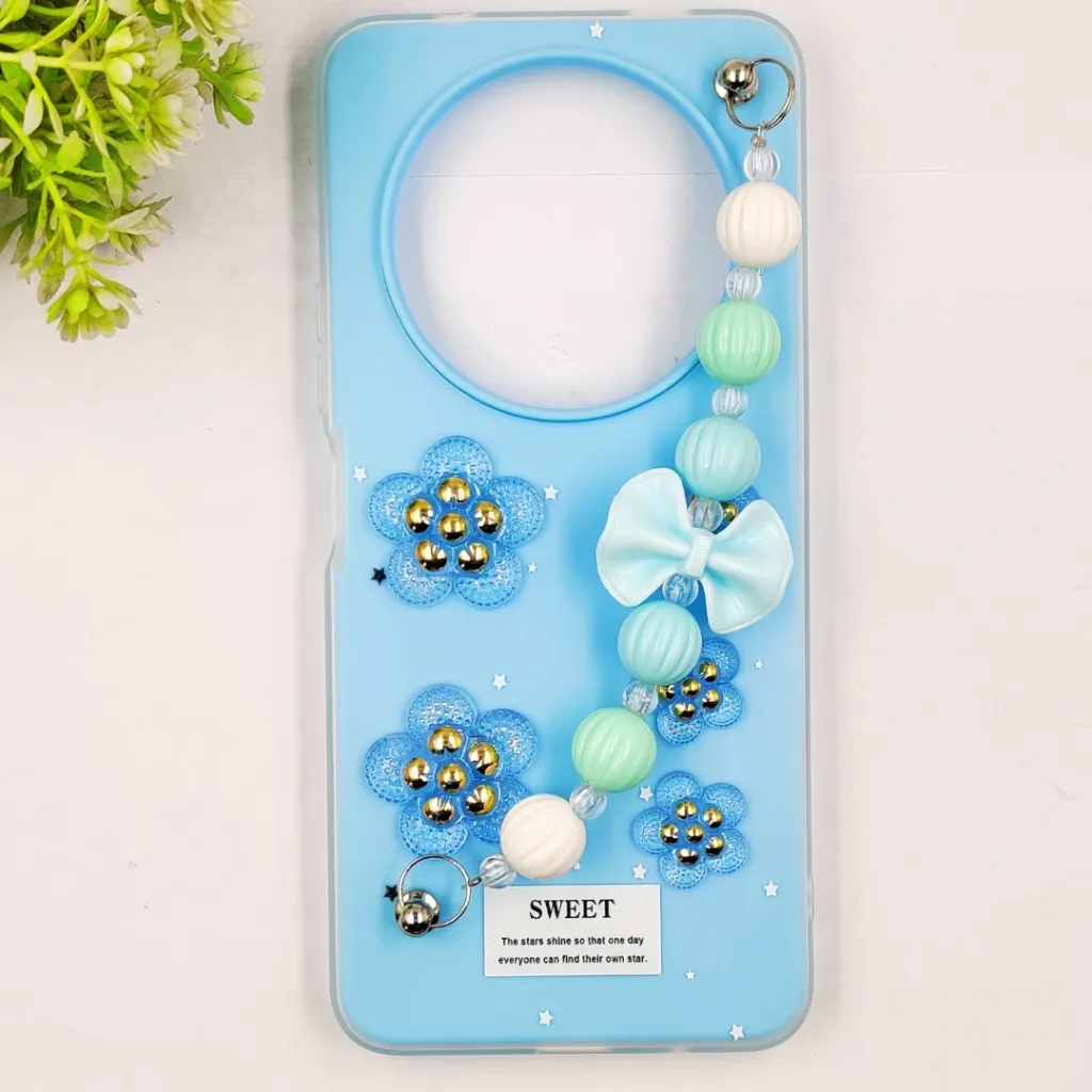Xaiomi Redmi A3|A3X Fancy Ladies Soft Silicone Decorative Stones & Fancy Chain Mobile Back Case (Sky Blue)