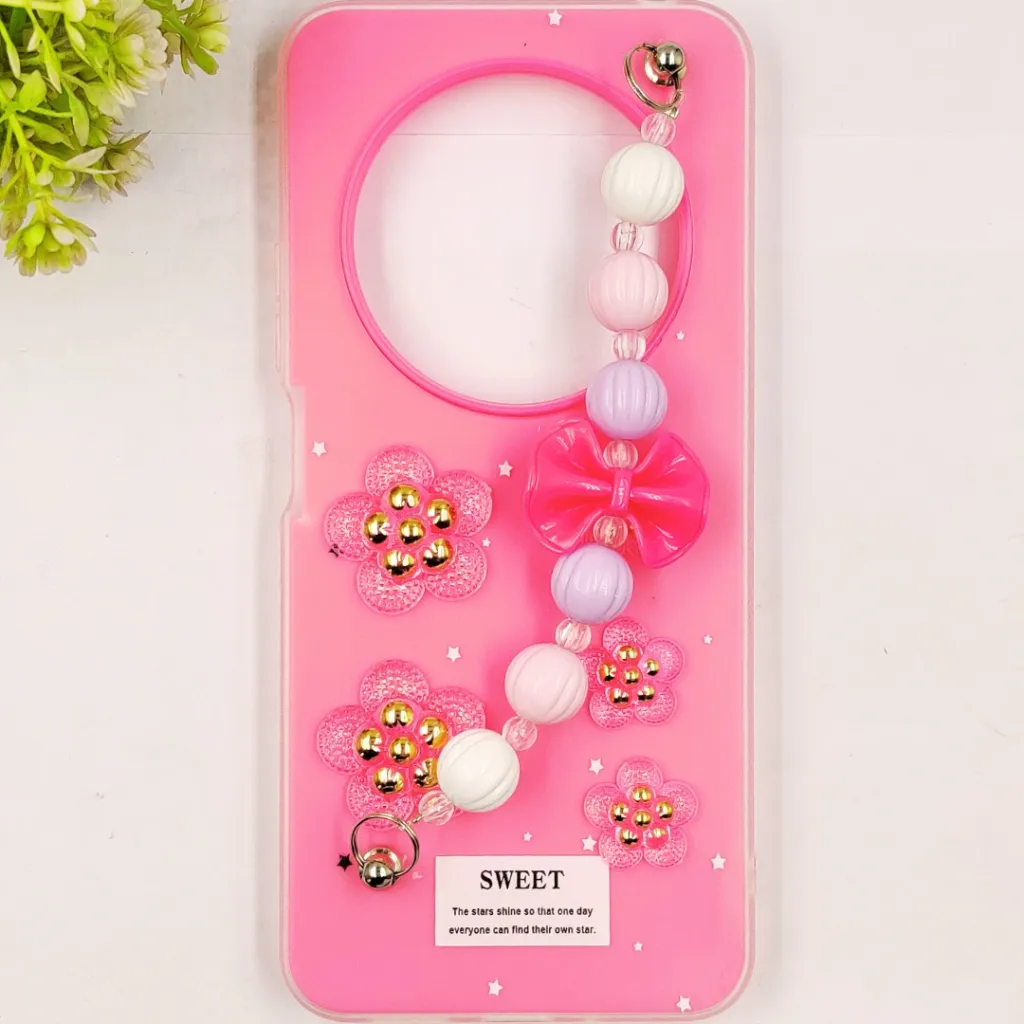 [PO34BMI14C-2-10] Xaiomi Redmi 14C| Poco C75 Fancy Ladies Soft Silicone Decorative Stones & Fancy Chain Mobile Back Case (Pink)