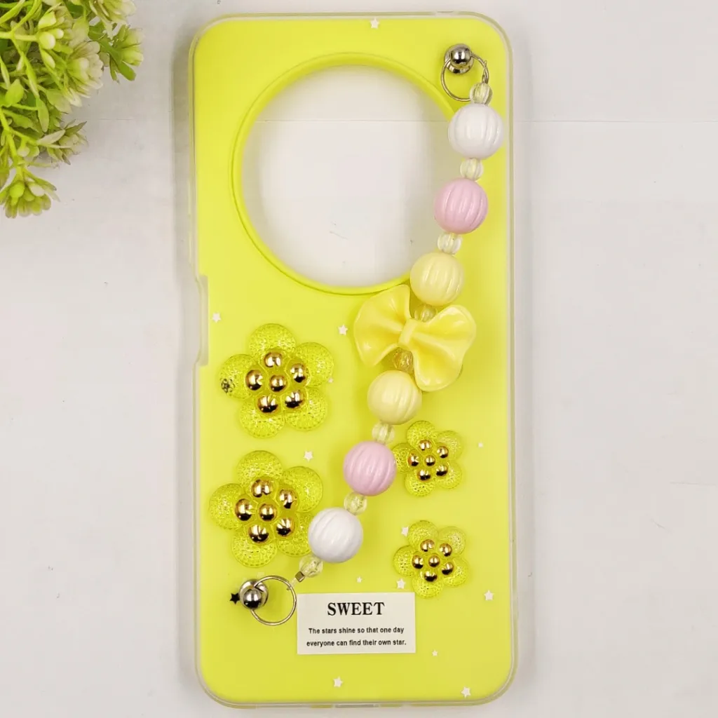 [PO34BMI14C-2-6] Xaiomi Redmi 14C| Poco C75 Fancy Ladies Soft Silicone Decorative Stones & Fancy Chain Mobile Back Case (Yellow)