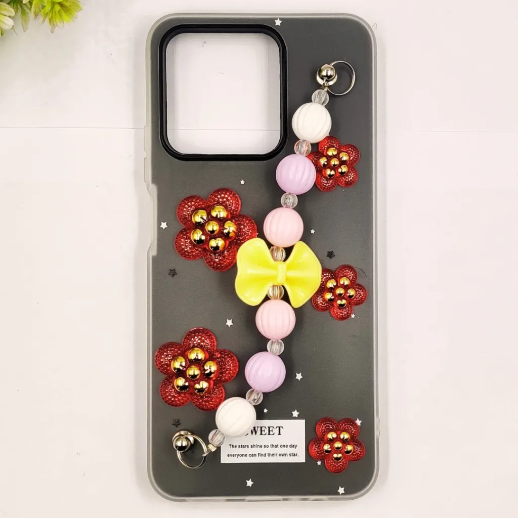 Oppo Realme C51|C53|Note 50 Fancy Ladies Soft Silicone Decorative Stones & Fancy Chain Mobile Back Case (Gray)