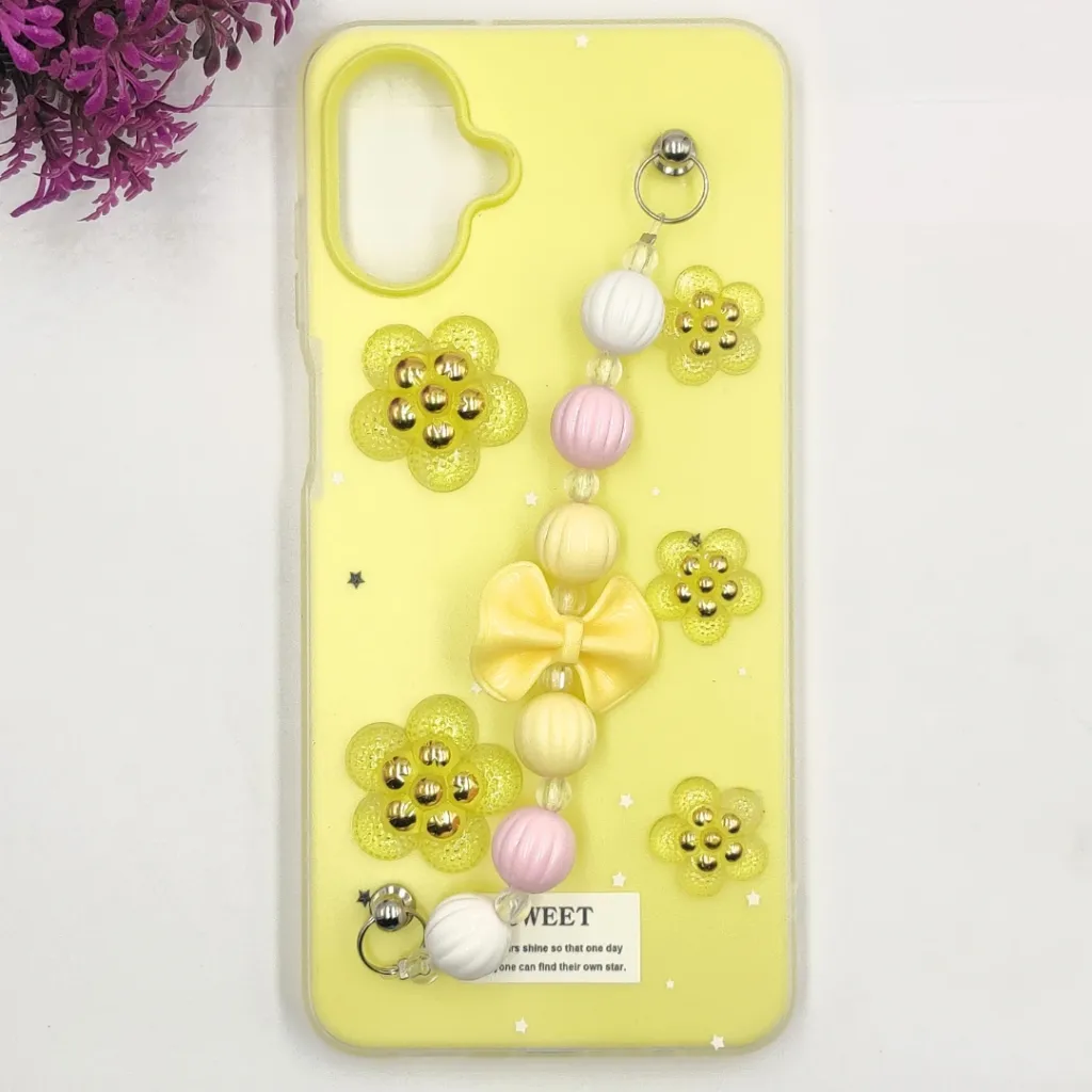 [PO34BSA07-2-6] Samsung Galaxy A07 4G|5G Fancy Ladies Soft Silicone Decorative Stones & Fancy Chain Mobile Back Case (Yellow)