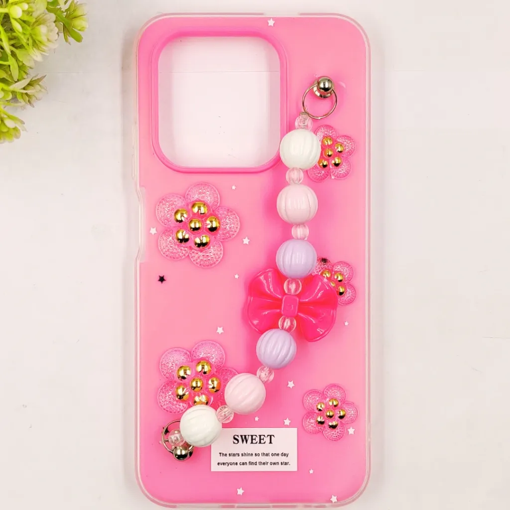 Infinix HOT 50i|Smart 9|Smart 9 HD Fancy Ladies Soft Silicone Decorative Stones & Fancy Chain Mobile Back Case (Pink)