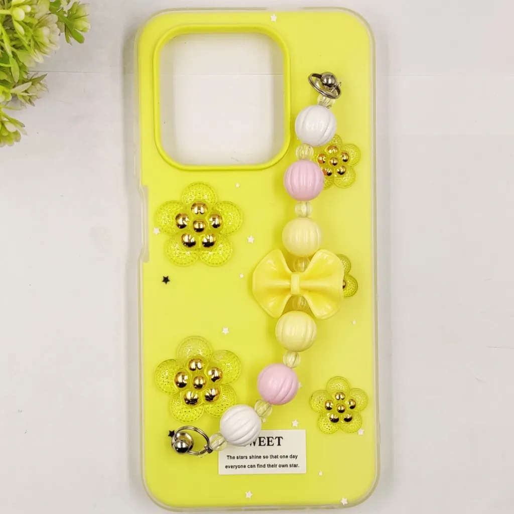 Infinix HOT 50i|Smart 9|Smart 9 HD Fancy Ladies Soft Silicone Decorative Stones & Fancy Chain Mobile Back Case (Yellow)