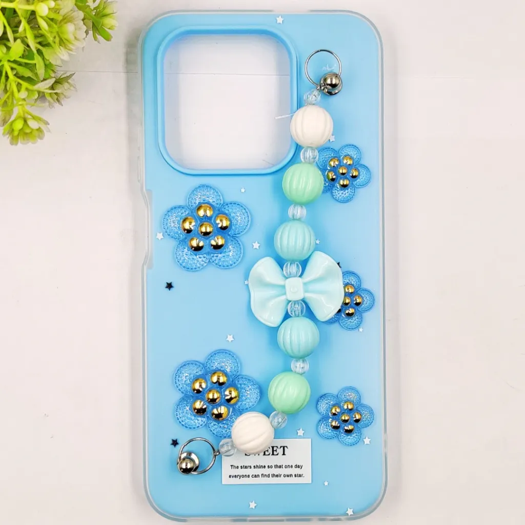 Infinix HOT 50i|Smart 9|Smart 9 HD Fancy Ladies Soft Silicone Decorative Stones & Fancy Chain Mobile Back Case (Sky Blue)