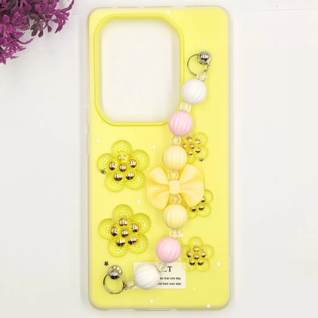 Infinix Note 50 4G|Note 50 Pro 4G Fancy Ladies Soft Silicone Decorative Stones & Fancy Chain Mobile Back Case (Yellow)