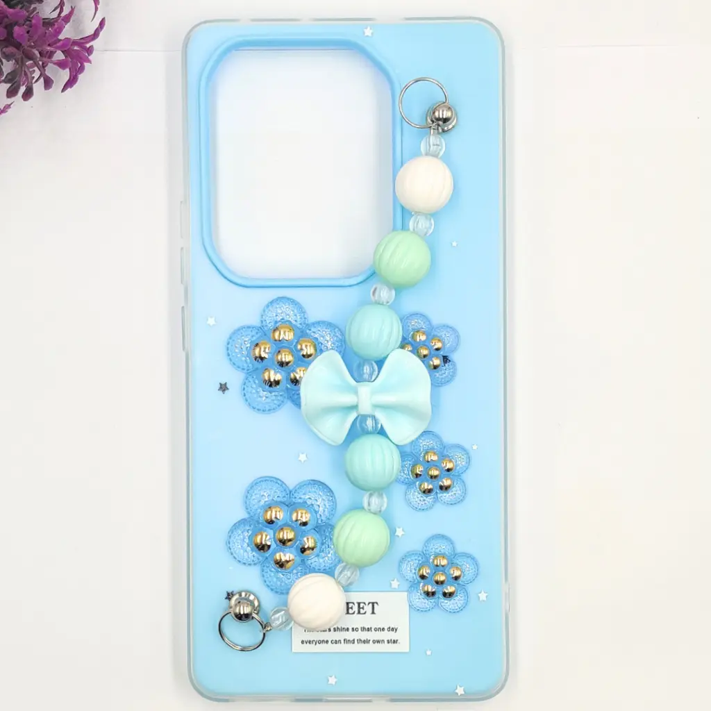 Infinix Note 50 4G|Note 50 Pro 4G Fancy Ladies Soft Silicone Decorative Stones & Fancy Chain Mobile Back Case (Sky Blue)