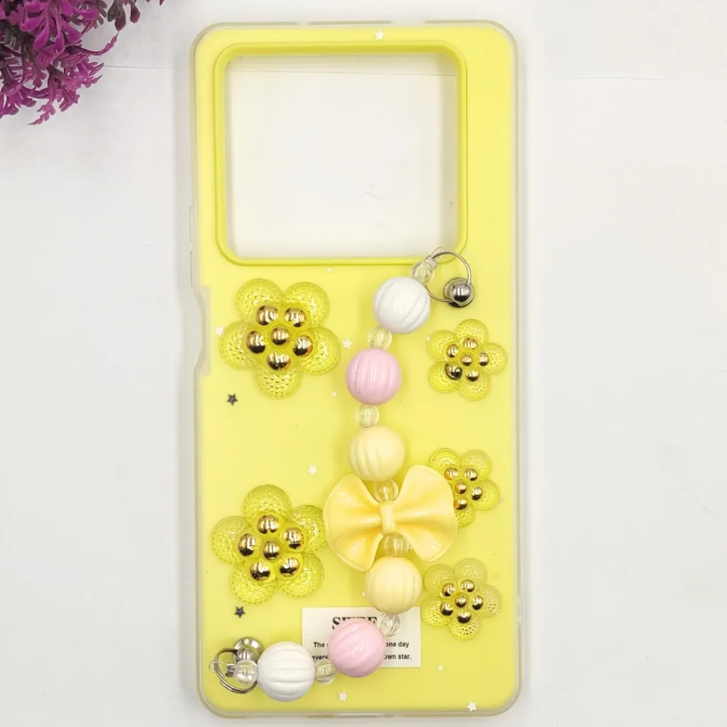 [PO34BINOT40-2-6] Infinix Note 40 4G Fancy Ladies Soft Silicone Decorative Stones & Fancy Chain Mobile Back Case (Yellow)