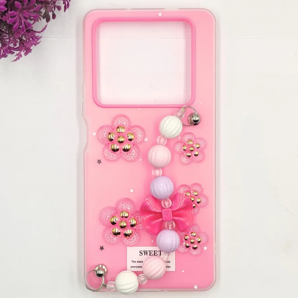 Infinix Note 40 4G Fancy Ladies Soft Silicone Decorative Stones & Fancy Chain Mobile Back Case (Pink)