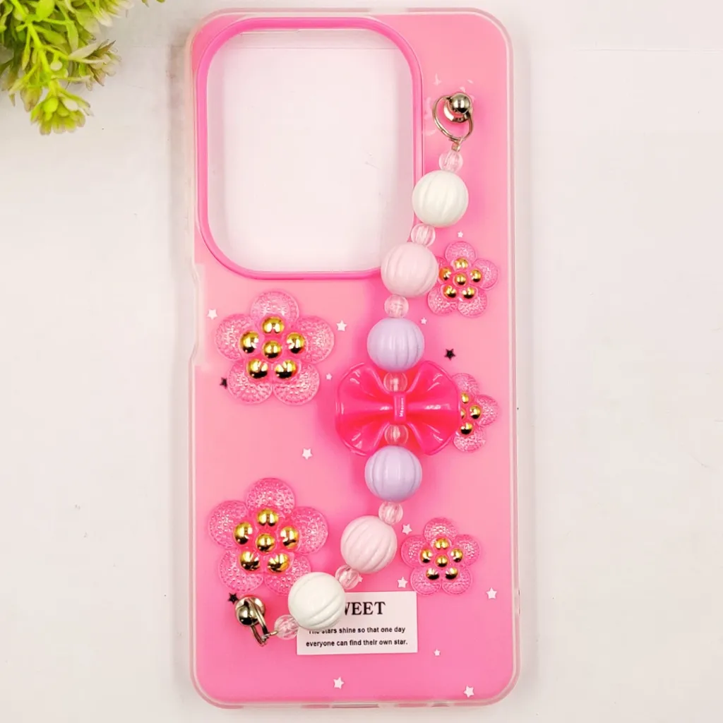 [PO34BIHOT40PR-2-10] Infinix HOT 40/40 Pro/Spark 20 Pro Fancy Ladies Soft Silicone Decorative Stones & Fancy Chain Mobile Back Case (Pink)