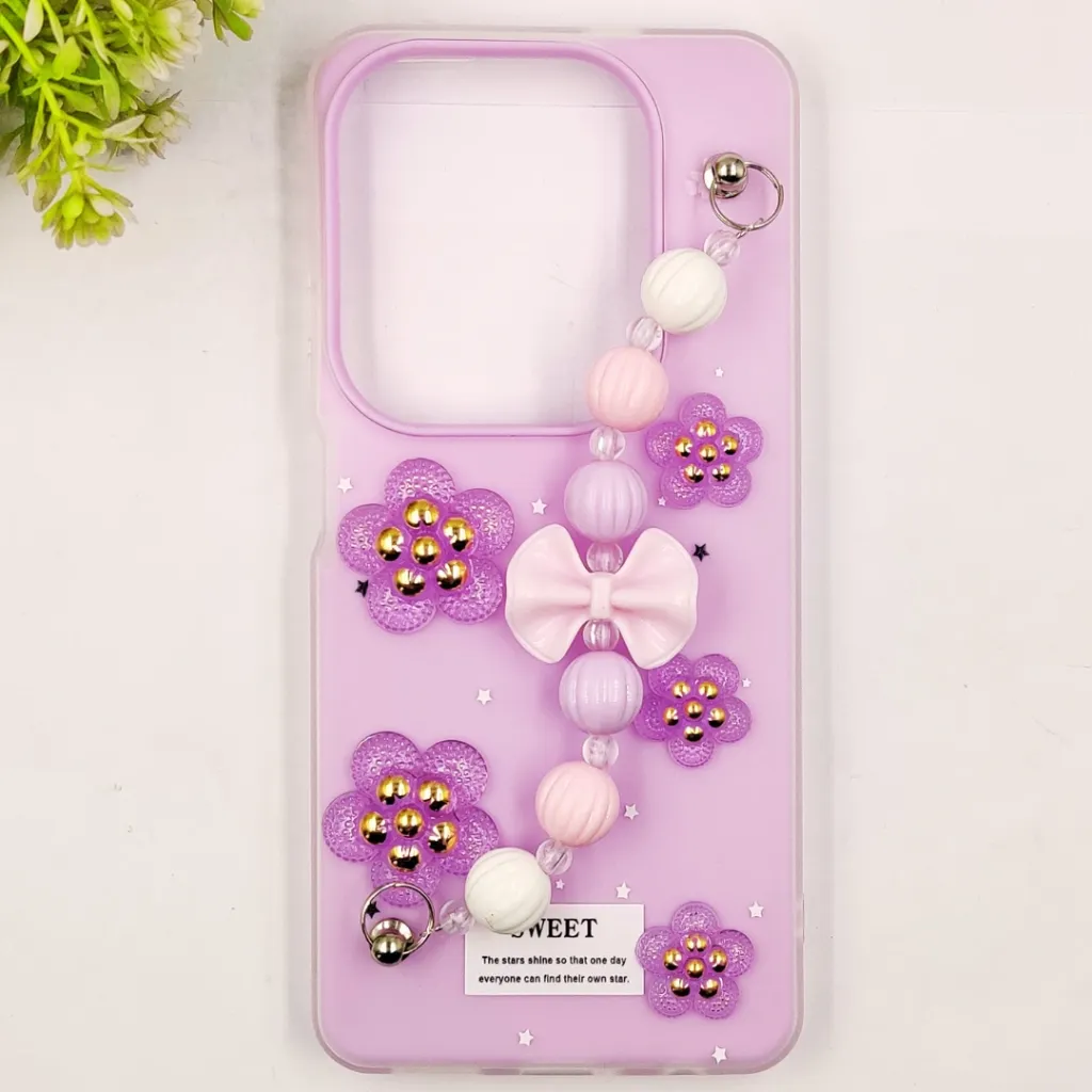 Infinix HOT 40/40 Pro/Spark 20 Pro Fancy Ladies Soft Silicone Decorative Stones & Fancy Chain Mobile Back Case (Light Purple)