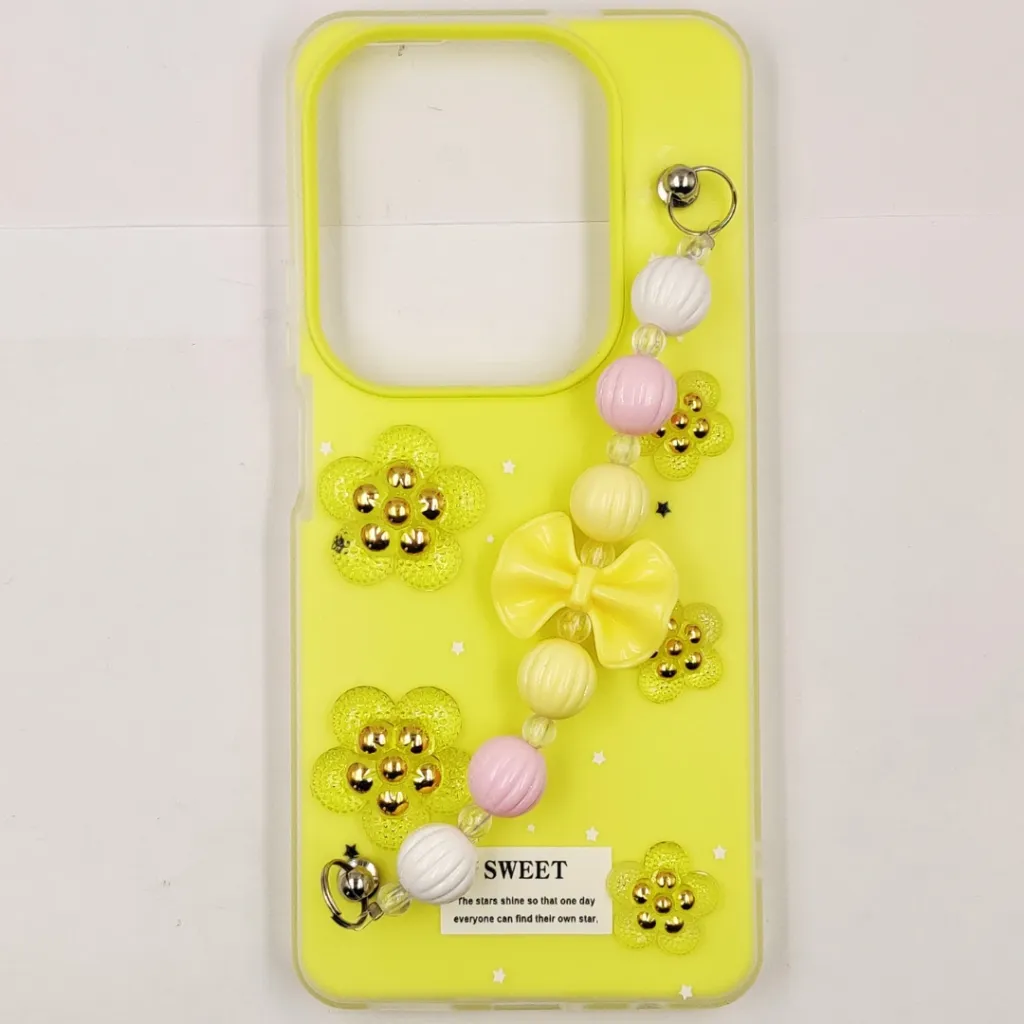 Infinix HOT 40/40 Pro/Spark 20 Pro Fancy Ladies Soft Silicone Decorative Stones & Fancy Chain Mobile Back Case (Yellow)